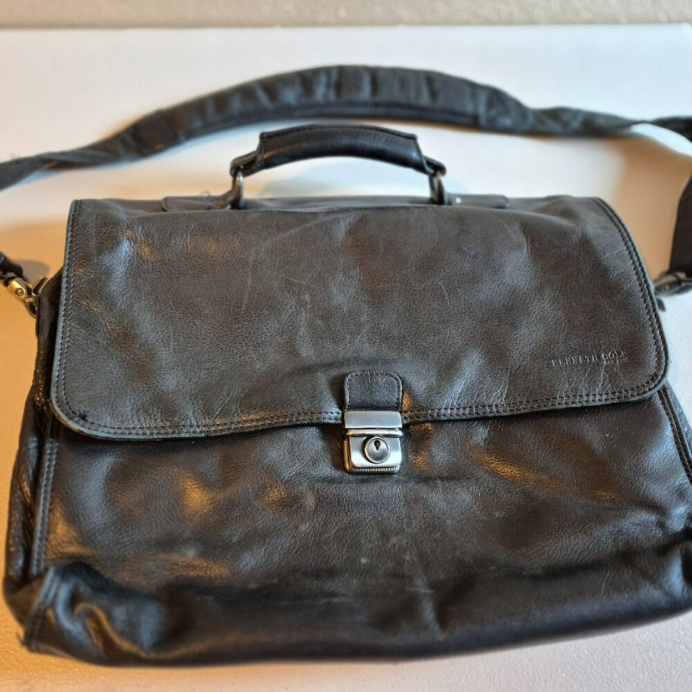 Kenneth Cole Black Leather Messenger Bag Style Briefcase